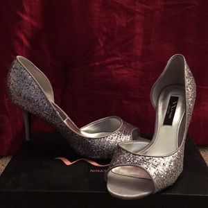 Low rise silver sparkly heels